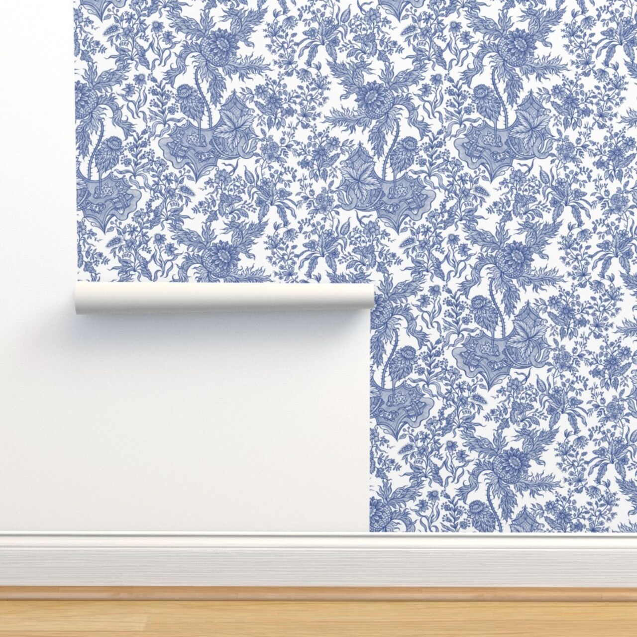 Chintz Floral Blue White Vintage Style Traditional Cobalt Chinoiserie Custom Removable Wallpaper by Spoonflower Peel & Stick Wallpaper 2FT Wide
